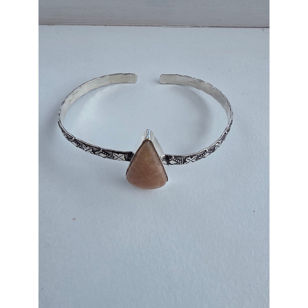Sterling Silver 925 Sunstone Teardrop Stamped Geometric Cuff Bracelet